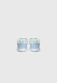 DC shoes with a blue suede upper and white accents, featuring a padded collar, textured heel, and light blue rubber sole.