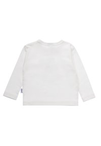 Long-sleeve, white cotton t-shirt with a rounded neckline and a small tag on the left side. Smooth texture, no visible patterns or accents.