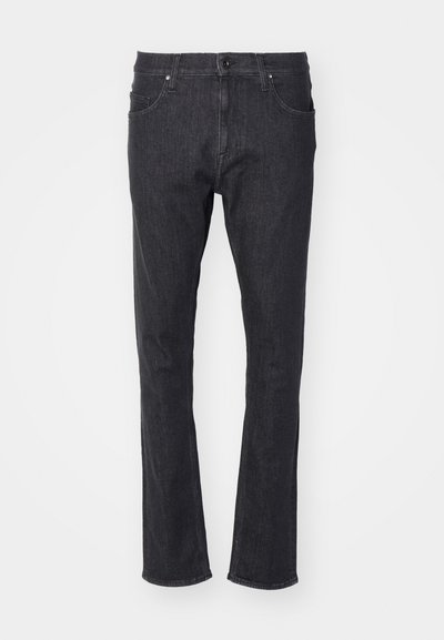 Dark gray denim jeans with a straight-leg design, featuring five pockets, silver hardware, and a subtle texture.