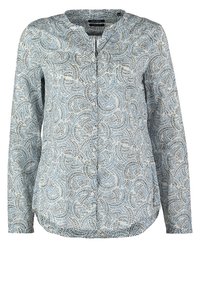 Hellblaue Bluse mit floralem Muster, ausgestattet mit langen Ärmeln, einem runden Ausschnitt und einer Knopfleiste. Hergestellt aus einem weichen, leichten Stoff.