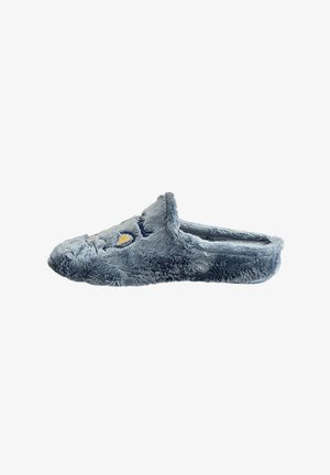 Fluffige blauwe slippers met een zachte textuur, open achterkant, afgeronde neus en geborduurde gezichtskenmerken in geel en zwart aan de voorkant.