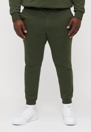 Olive green joggers made of soft fabric. Features a drawstring waist, fitted cuffs, and subtle branding on the thigh. Worn with white sneakers.
