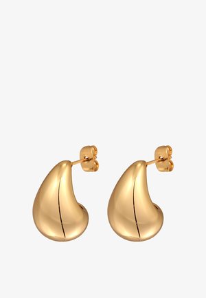 Goudkleurige studoorbellen met een druppelvorm, een gladde textuur en een subtiele groefdetail langs het oppervlak.