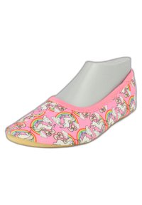 Chaussure rose à enfiler avec motif licorne et arc-en-ciel, semelle souple et bord élastique pour un ajustement parfait.
