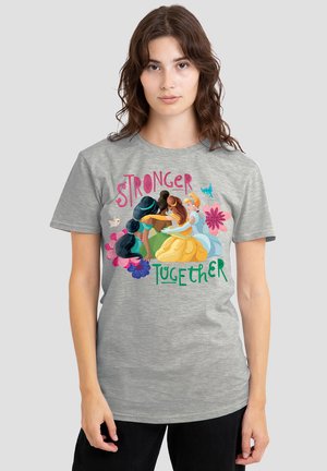 Gray cotton t-shirt featuring a colorful graphic with the text "Stronger Together" and Disney princesses surrounded by flowers.