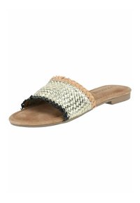 Sandale à glissière plate en tissu tissé, avec un dessus métallisé or et noir, un coussin de pied en daim brun clair et une semelle en caoutchouc minimaliste.