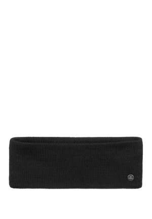 Black knitted headband made from soft material, featuring a textured pattern. Includes a small logo patch on one side.