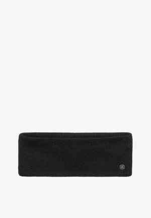 Black knitted headband made from soft material, featuring a textured pattern. Includes a small logo patch on one side.