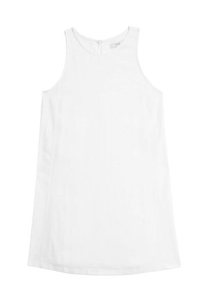 Witte mouwloze jurk met een ronde halslijn, voorzien van zijnaden en een subtiele zoom. Materialen en textuur niet gespecificeerd.