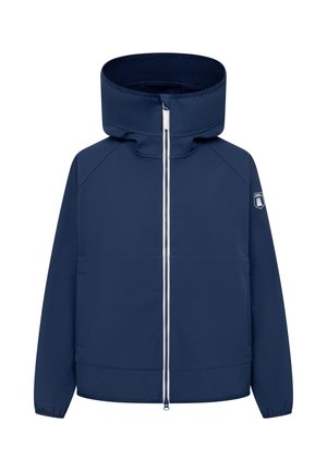 Marineblaue Jacke mit hohem Kragen, Frontreißverschluss, elastischen Bündchen, Seitentaschen und einem kleinen Abzeichen am linken Ärmel.
