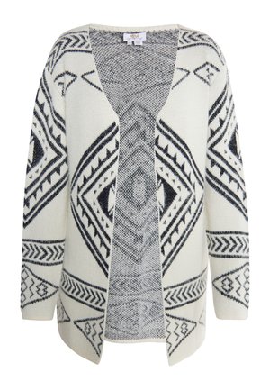 Offene Strickjacke in Creme und Schwarz. Verfügt über geometrische Muster, eine weiche Textur und lange Ärmel mit einer lockeren Passform.