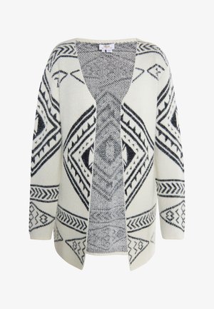 Open-front cardigan in crème en zwart. Heeft geometrische patronen, een zachte textuur en lange mouwen met een losse pasvorm.