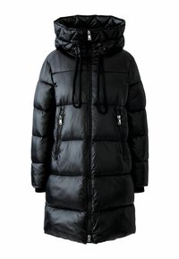 Zwarte pufferjas met een capuchon, geborduurd textuur, voorritssluiting en twee zijzakken met rits. Trekkoorden voor het aanpassen van de capuchon.