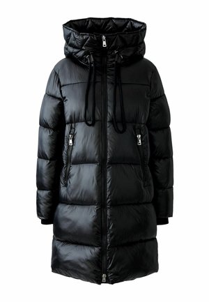 Schwarzer Daunenmantel mit Kapuze, gestepptem Muster, Frontreißverschluss und zwei seitlichen Reißverschlusstaschen. Mit Kordelzügen zur Anpassung der Kapuze.