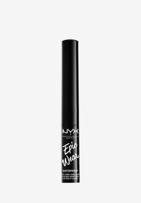 Svart flytande eyeliner-tub med matt yta, med vit text som säger "Epic Wear Waterproof." Tunn cylindrisk form med ett rundat lock.