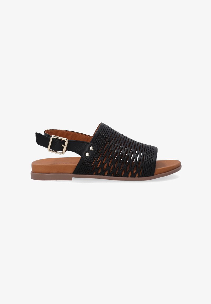 Schwarze Leder-Slingback-Sandale mit einem perforierten Design, brauner Lederinnensohle und einem Schnallenakzent. Flache Sohle mit leichtem Absatz.