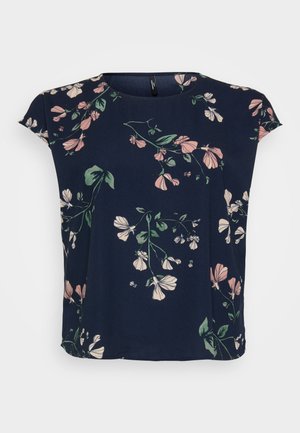 Chemisier marine à motif floral en rose et vert. Il a des manches courtes et un col rond, fabriqué en tissu léger.