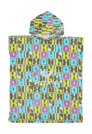 Kolorowy plażowy ponczo z kapturem, ozdobiony wielokolorowym wzorem blokowym "ROXY" oraz przednią kieszenią z logo ROXY na białym tle.