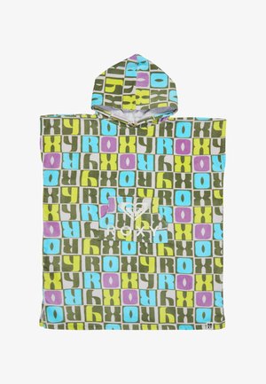 Kleurrijke strandponcho met capuchon en meerkleurig "ROXY" blokpatroon, inclusief voorzak met ROXY-logo op een witte achtergrond.