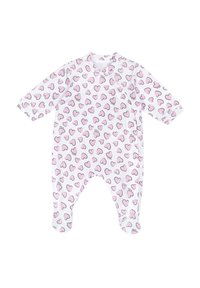 Rosa heldräkt med hjärtan, tillverkad av mjuk bomull, med långa ärmar, fotade ben och rundad halslinning för enkel påklädning.