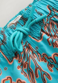 Tyrkysové plavkové šortky s elastickým pasem, hnědým vlnkovaným vzorem a sladěným šňůrkovým zavazováním. Má značkové plastové koncovky na šňůrce.