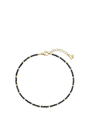 Delikat armbånd med små sorte og gyldne perler, med en gylden karabinlås og en justerbar guldkæde med en sommerfuglvedhæng.