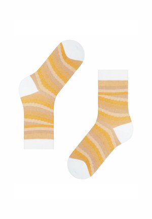 Żółto-beżowe skarpetki w paski z białymi ściągaczami i palcami. Wykonane z miękkiego materiału tekstylnego, charakteryzującego się gładką fakturą i skośnym wzorem.