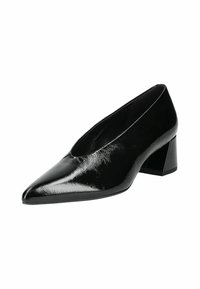 Black patent leather block-heel pump with a pointed toe and low-cut vamp design. Smooth texture and a sturdy, geometric heel.