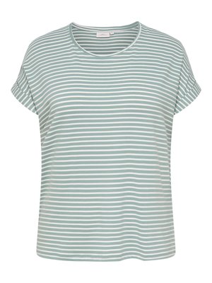 Short-sleeve women's T-shirt with light green and white horizontal stripes and a round neckline.