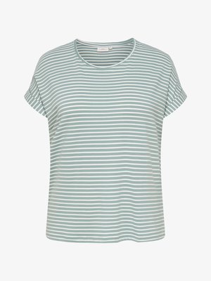 Short-sleeve women's T-shirt with light green and white horizontal stripes and a round neckline.