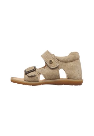 Sandalo beige per bambini con due cinturini regolabili, punta aperta, lati traforati, supporto posteriore imbottito e suola flessibile in gomma.
