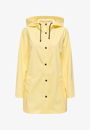 Gul vanntett jakke med hette, svart knapper, justerbare snorer og to sidelommer. Jevn tekstur og knelengde design.