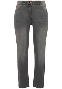 Vaqueros de mezclilla gris con un diseño de pierna recta, que cuentan con cinco bolsillos, cierre de botón y un ligero desvanecimiento en la textura de la tela.