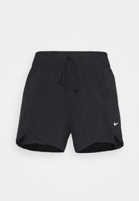 Pantalones cortos deportivos negros con tejido ligero, cintura elástica con cordón y logo blanco de Nike Swoosh en el lado inferior.