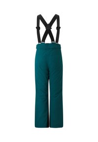 Pantalons de ski teal avec bretelles noires ajustables, jambes larges et ourlet renforcé. Tissu lisse avec une finition mate et sans motifs visibles.