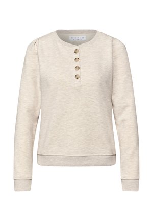 Felpa beige chiaro in tessuto morbido, con scollo rotondo, maniche lunghe e cinque bottoni sul davanti. Polsini e orlo a coste.