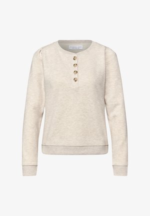 Felpa beige chiaro in tessuto morbido, con scollo rotondo, maniche lunghe e cinque bottoni sul davanti. Polsini e orlo a coste.