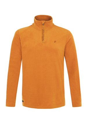 Oranžinė vilnonė pūkinė maikutė su aukštu apykakle, pusės ilgio užtrauktuku ir mažai spauda ant krūtinės. Minkšta tekstūra ir ilgomis rankovėmis.