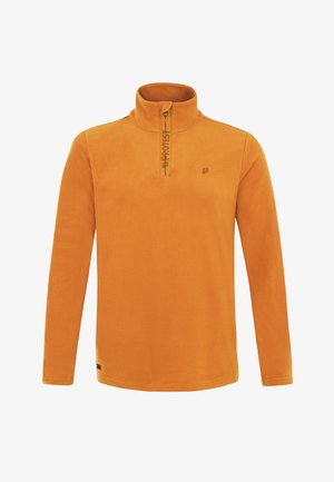 Oranssi fleece-pullove, jossa on korkea kaulus, puolipitkä vetoketju ja pieni painatus rinnassa. Pehmeä materiaali ja pitkät hihat.