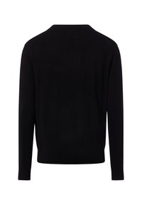 Zwarte cashmere trui met een ronde halslijn en lange mouwen; zachte textuur; geen zichtbare patronen of hardwaredetails.