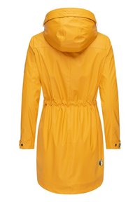 Yellow waterproof jacket with a cinched waist, hood, and buttoned cuffs. Features a logo accent on the bottom left side. Smooth texture.