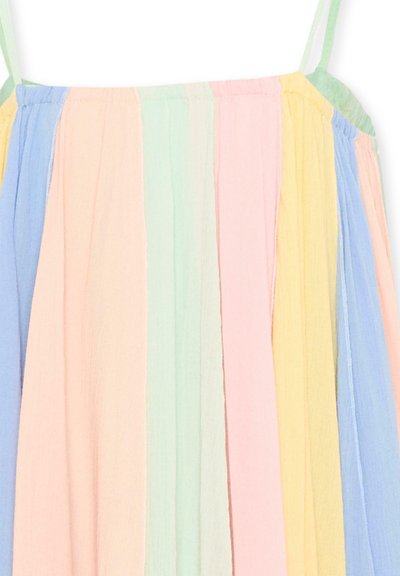 Robe à rayures plissées verticales dans des couleurs pastel, comprenant du bleu, pêche, vert, rose et jaune, avec de fines bretelles.