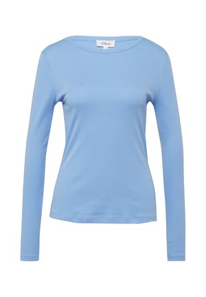 Jasnoniebieska koszula z długim rękawem, z okrągłym dekoltem, wąska w kroju, z małą metką marki wewnątrz kołnierza.