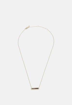 Delicate gold chain necklace with a horizontal dark rectangular pendant featuring a subtle geometric design and a lobster clasp closure.