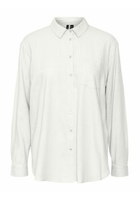 Valkoinen pitkähiha-painonappi paita, joka on valmistettu pehmeästä kankaasta. Siinä on kauluksellinen pääntie, etutasku ja etupuolen napitus.