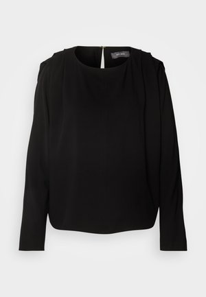 Svart långärmad blus med rund halsringning och plisserade axeldetaljer. Har en dold dragkedja bak och mjukt, smidigt tyg.