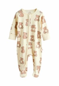 Long-sleeve baby onesie in light yellow ribbed fabric with brown bear prints. Features a front zipper and footed design for warmth.