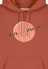 Rustkleurige hoodie met een voorzak, koordjes en een grafisch ontwerp van vogels op een draad tegen een grote cirkelachtige achtergrond.