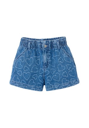 Blue denim shorts with elastic waistband and printed outline heart patterns, featuring front pockets and a button closure.