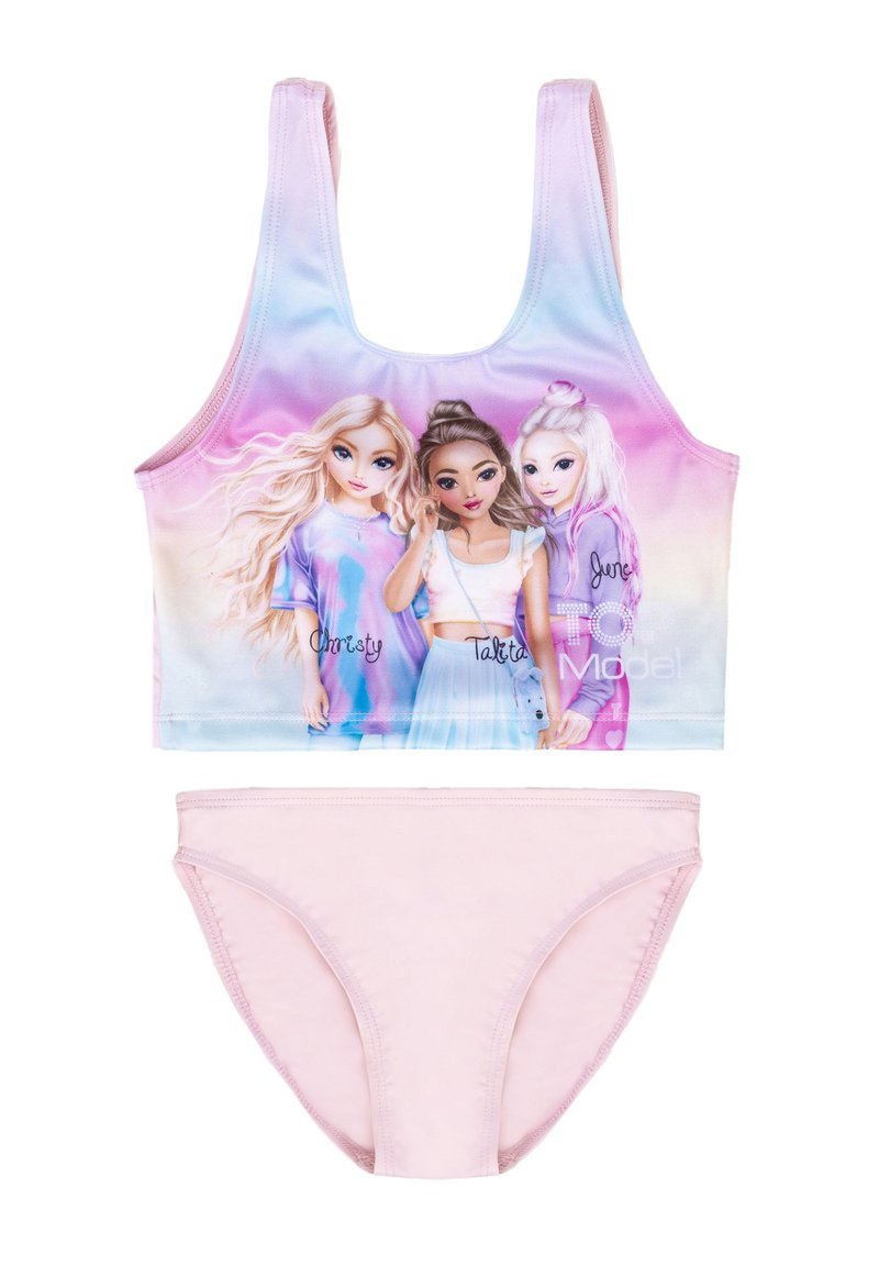 Girls' two-piece swimwear set featuring a multicolored crop top with cartoon characters and a plain pink bikini bottom, made from smooth fabric.